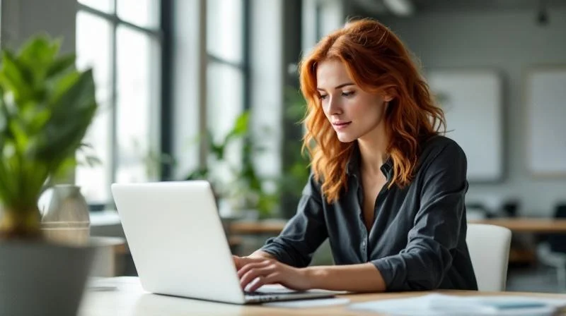 Frau arbeitet am Laptop in einem modernen Augsburger Büro mit Industrieblick