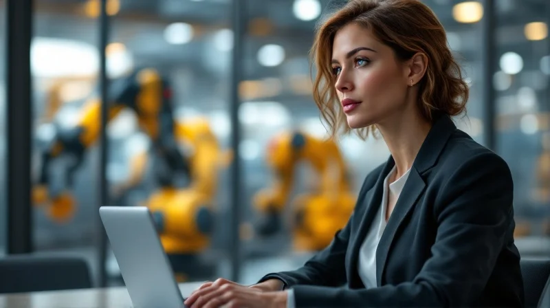 Geschäftsführerin im Augsburger Industriebüro mit Blick auf KUKA-Werkshalle und Robotik-Produktion